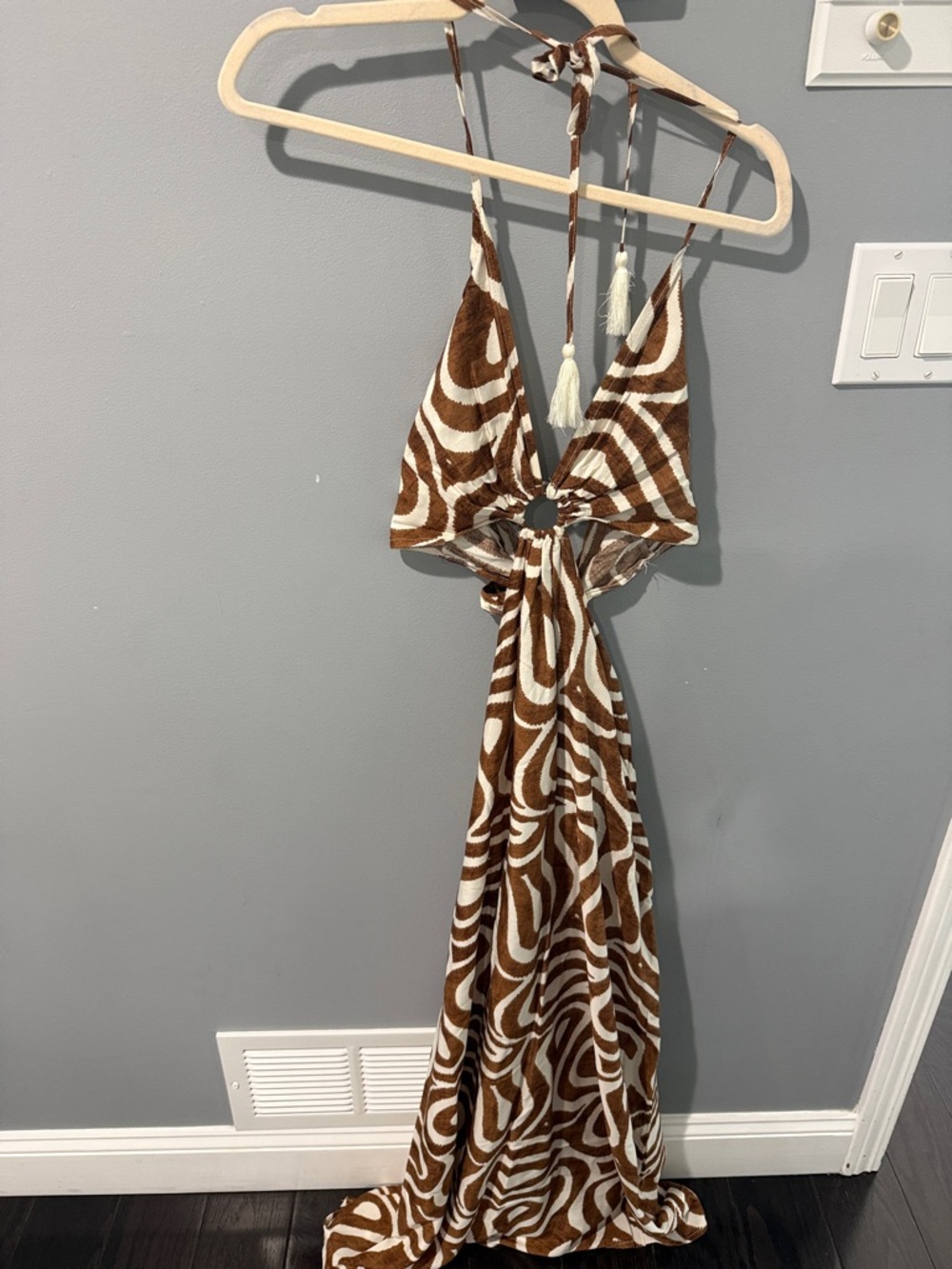 Brown and White Asymmetrical Maxi Dress with Ring Front